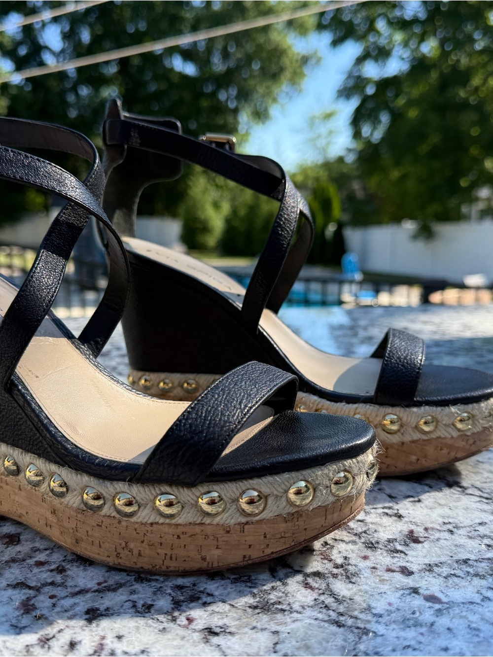 Via Spiga Black Leather Platform Wedge Sandals with Gold Studs